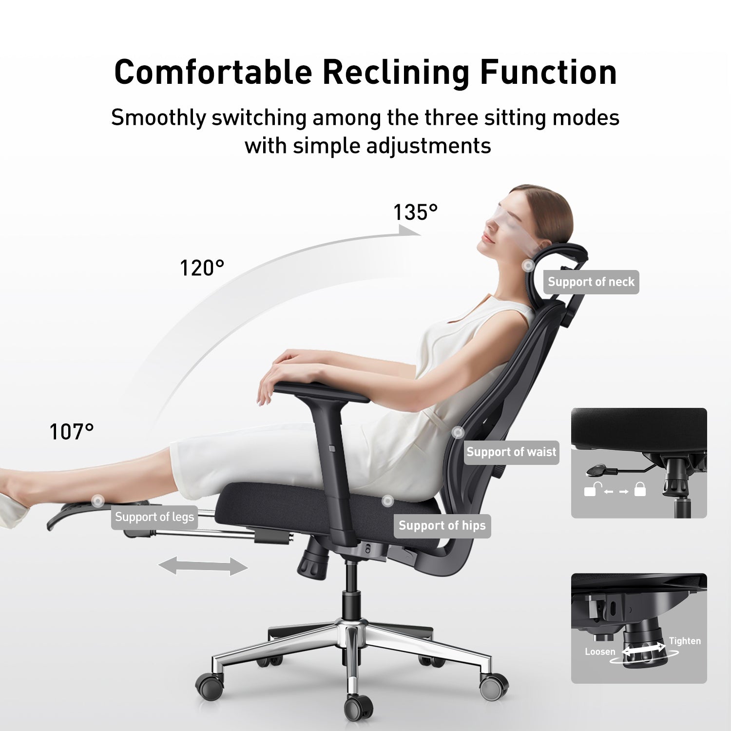 HBADA P5 Ergonomic Office Chair with Footrest black reclining function