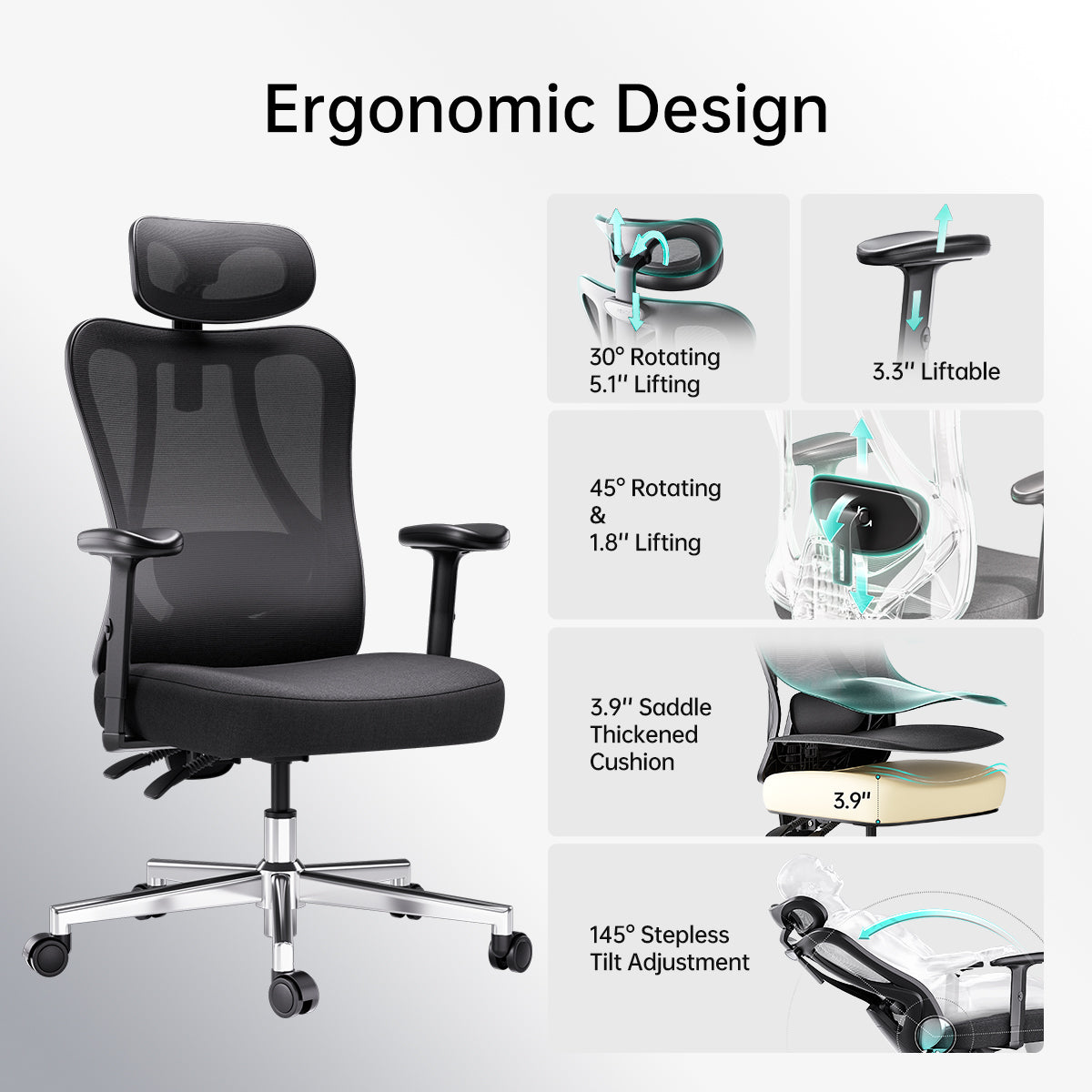 HBADA P3 Ergonomic Office Chair without Footrest ergnomic design