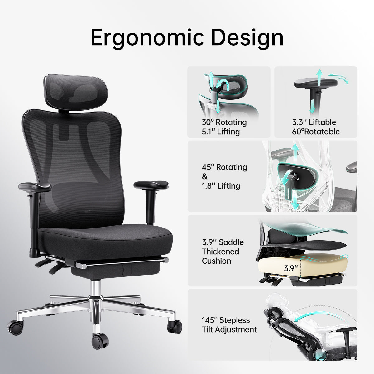 HBADA P3 Ergonomic Office Chair, Desk Chair with Footrest