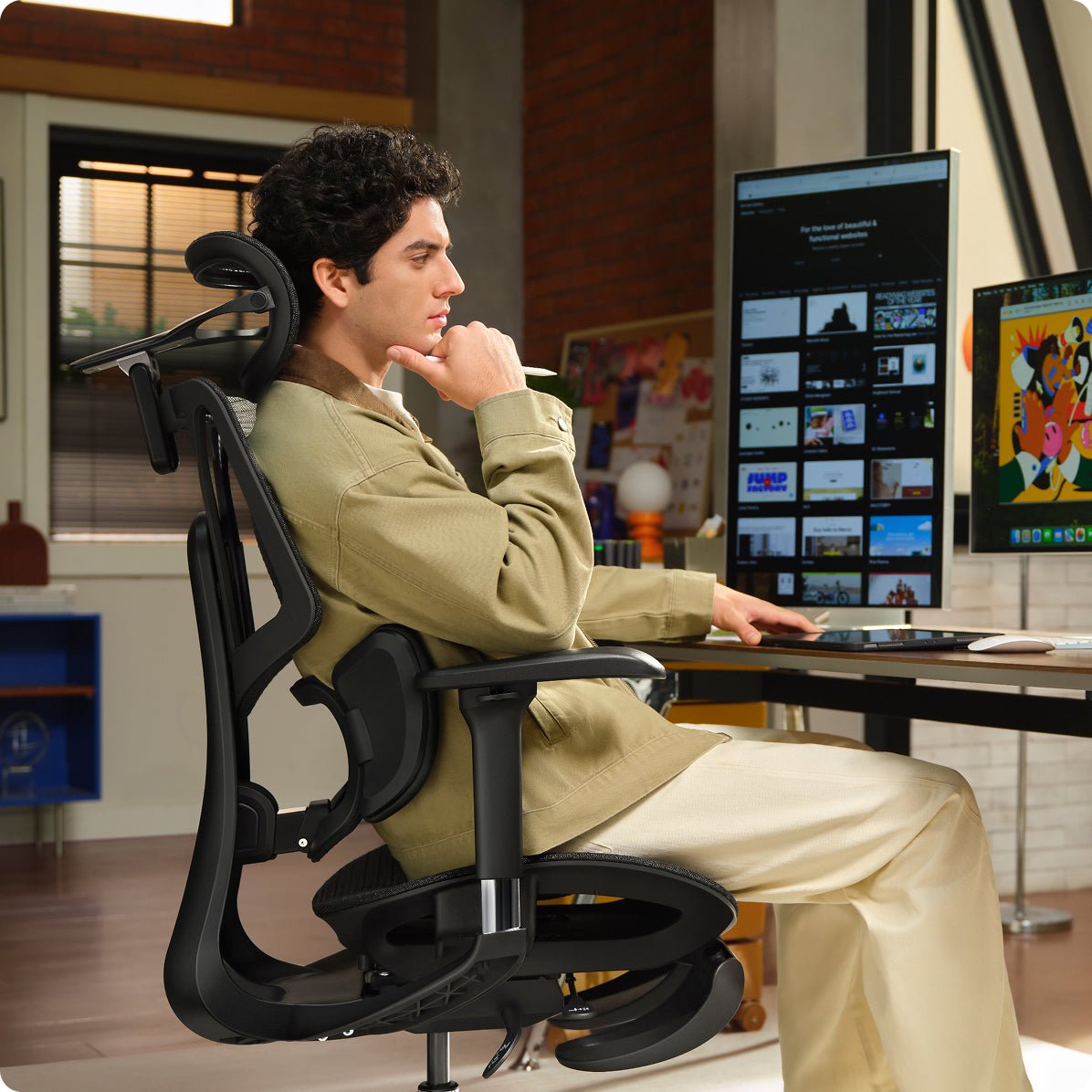 a man sitting in a gray HBADA E3 AIR ergonomic gaming chair playing VR ~scene