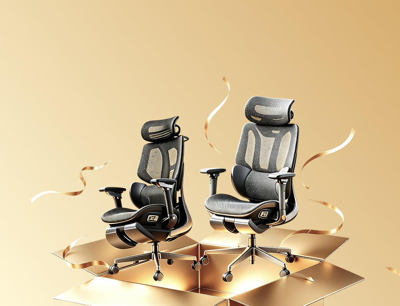 Two HBADA ergonomic chairs on a gold gift box