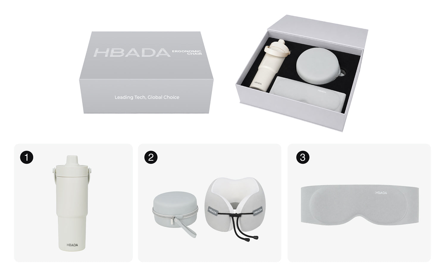 HBADA Comfort Kit gift box with water bottle, neck pillow and eye mask