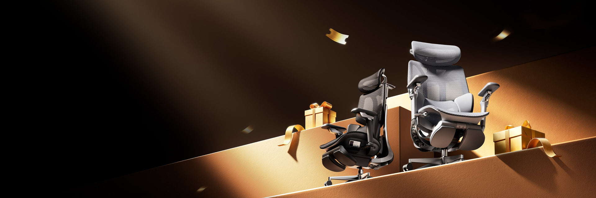 Bank Holiday event key visual with two HBADA ergonomic chairs and gold gift boxes